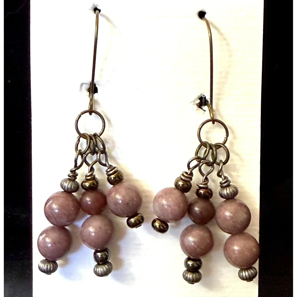 Stone Bead Brass Dangle‎ Earrings Mauve Purple NEW Stephanie Aune Handmade